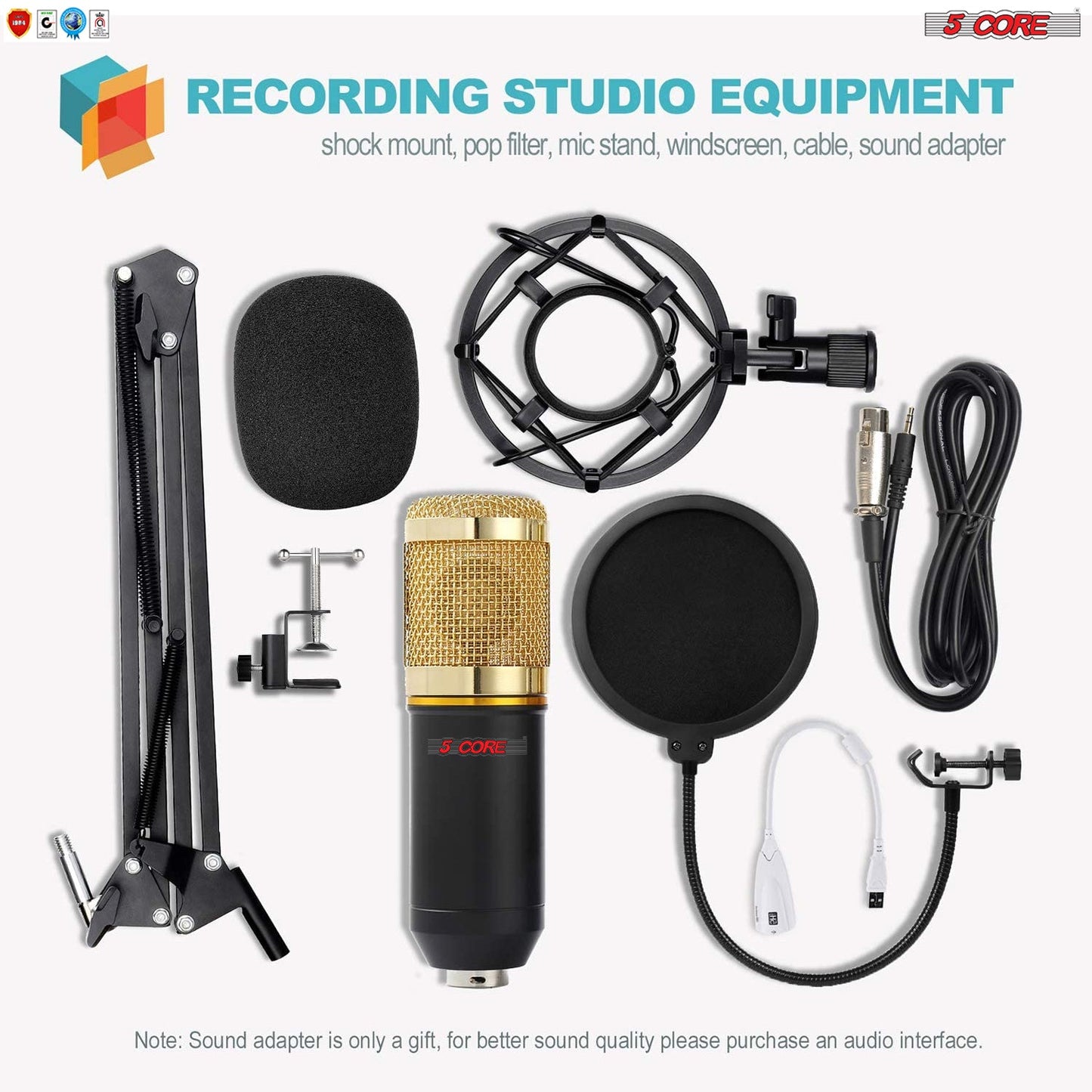5 Core Professional Podcast Equipment Bundle - Condenser Microphone, Adjustable Boom Arm, Sound Card, Shock Mount, Pop Filter, Windscreen & XLR Cord