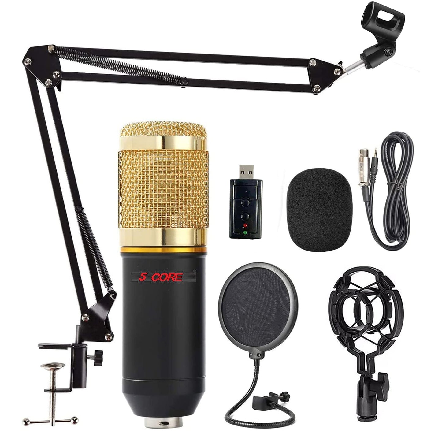 5 Core Professional Podcast Equipment Bundle - Condenser Microphone, Adjustable Boom Arm, Sound Card, Shock Mount, Pop Filter, Windscreen & XLR Cord