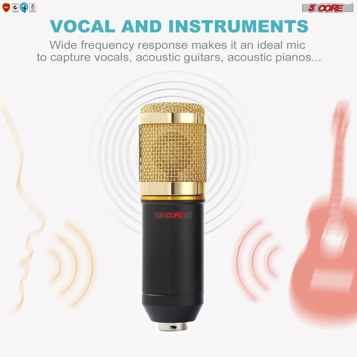 5 Core Professional Podcast Equipment Bundle - Condenser Microphone, Adjustable Boom Arm, Sound Card, Shock Mount, Pop Filter, Windscreen & XLR Cord