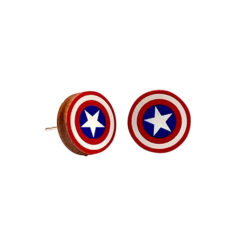 American Shield Stud Earrings | Laser-Cut Wood, Silver-Plated Brass, Hypoallergenic | 0.5 x 0.5 inch
