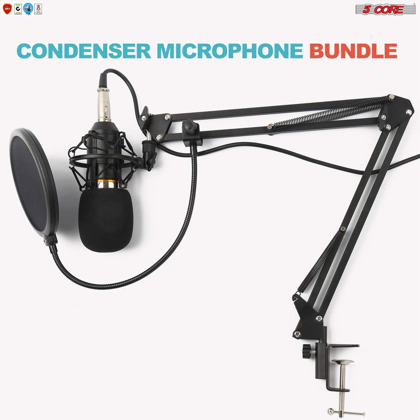 5 Core Professional Podcast Equipment Bundle - Condenser Microphone, Adjustable Boom Arm, Sound Card, Shock Mount, Pop Filter, Windscreen & XLR Cord