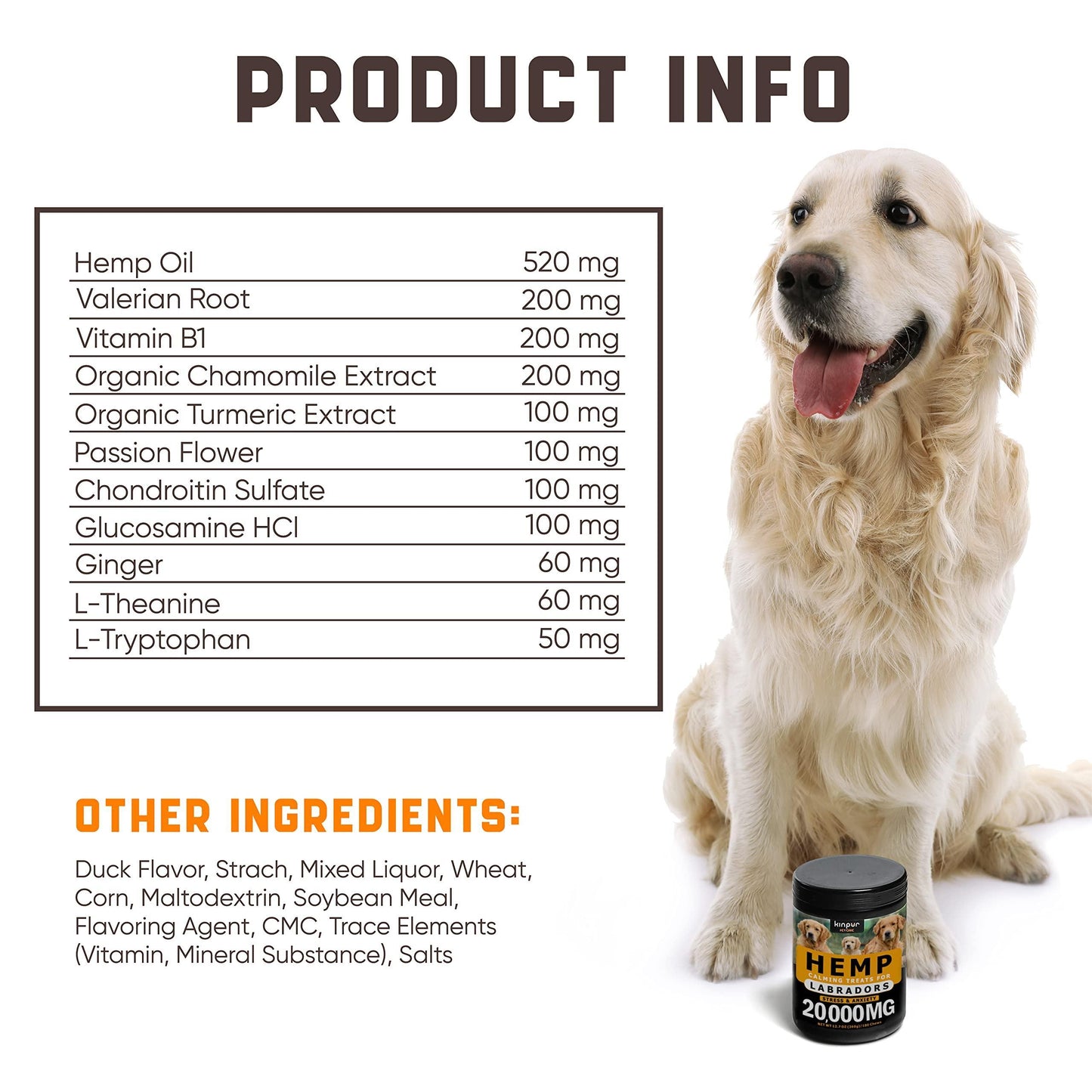 Calming Chews for Labrador Dogs - Valerian Root, Hemp Oil, Duck Flavor, Joint & Skin Support