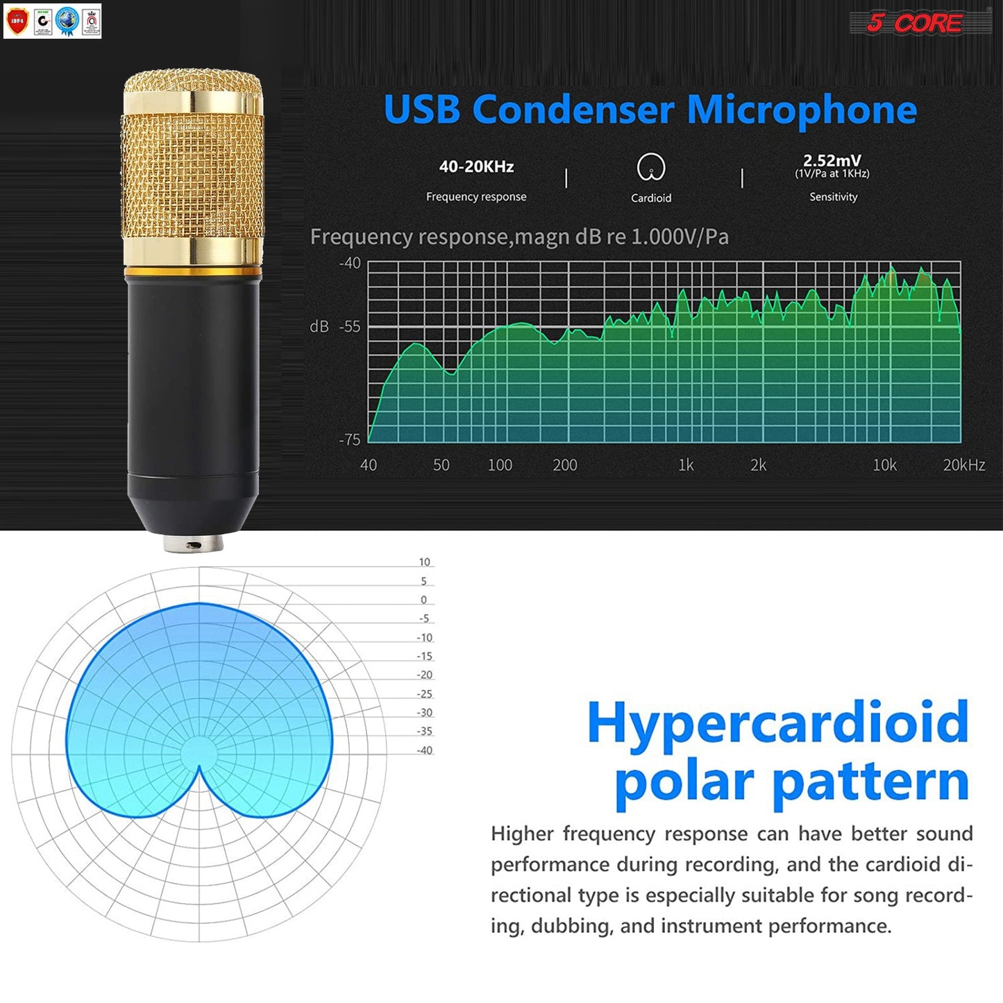 5 Core Professional Podcast Equipment Bundle - Condenser Microphone, Adjustable Boom Arm, Sound Card, Shock Mount, Pop Filter, Windscreen & XLR Cord