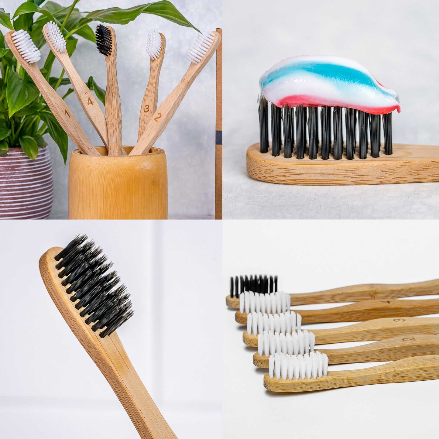 Bamboo Toothbrush Set 5-Pack - Medium Bristles, Charcoal Infused, BPA-Free, Organic, Vegan, Eco-Friendly