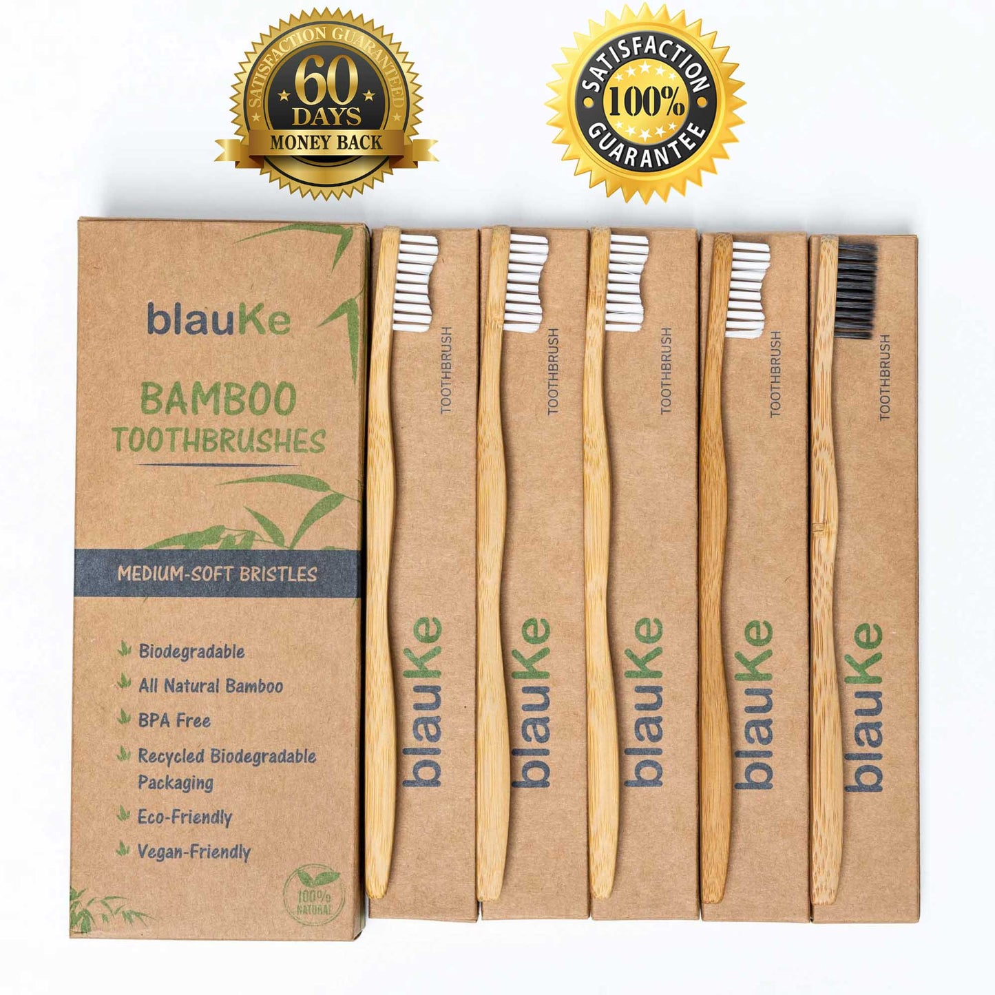 Bamboo Toothbrush Set 5-Pack - Medium Bristles, Charcoal Infused, BPA-Free, Organic, Vegan, Eco-Friendly