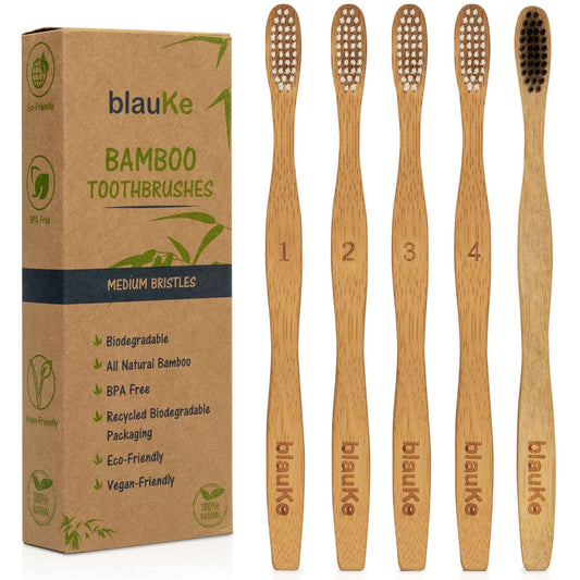 Bamboo Toothbrush Set 5-Pack - Medium Bristles, Charcoal Infused, BPA-Free, Organic, Vegan, Eco-Friendly