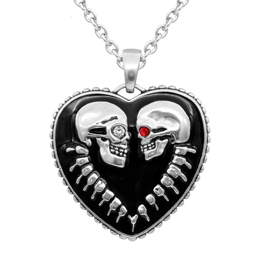 Bound For Eternity Skull Heart Necklace - Stainless Steel, Black Epoxy, Swarovski Crystals, 27" Chain