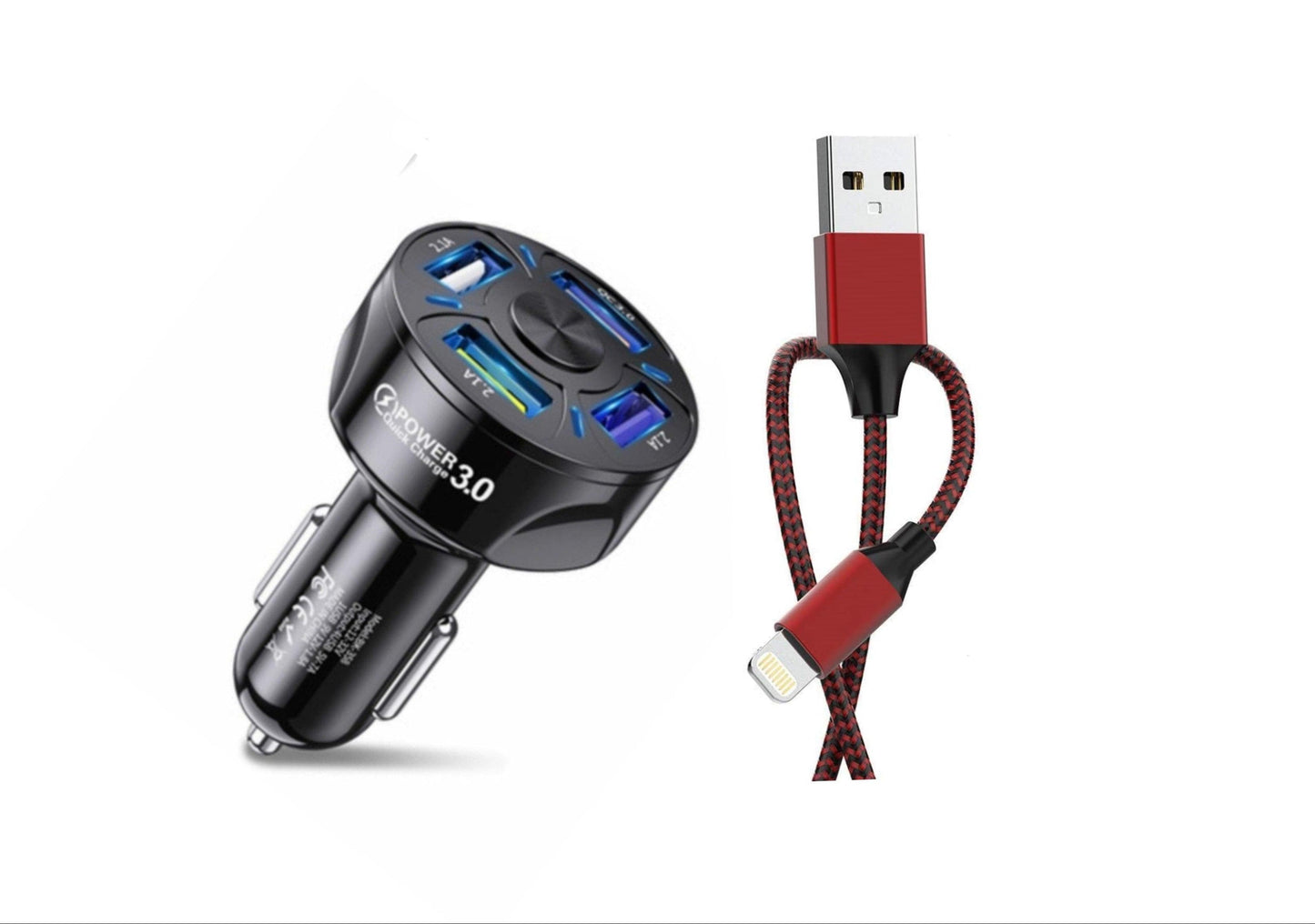 Black 4-Port LED Fast Car Charger with 6FT Cable - Quick Charge 3.0, Universal Compatibility, 4X Faster than Standard Chargers