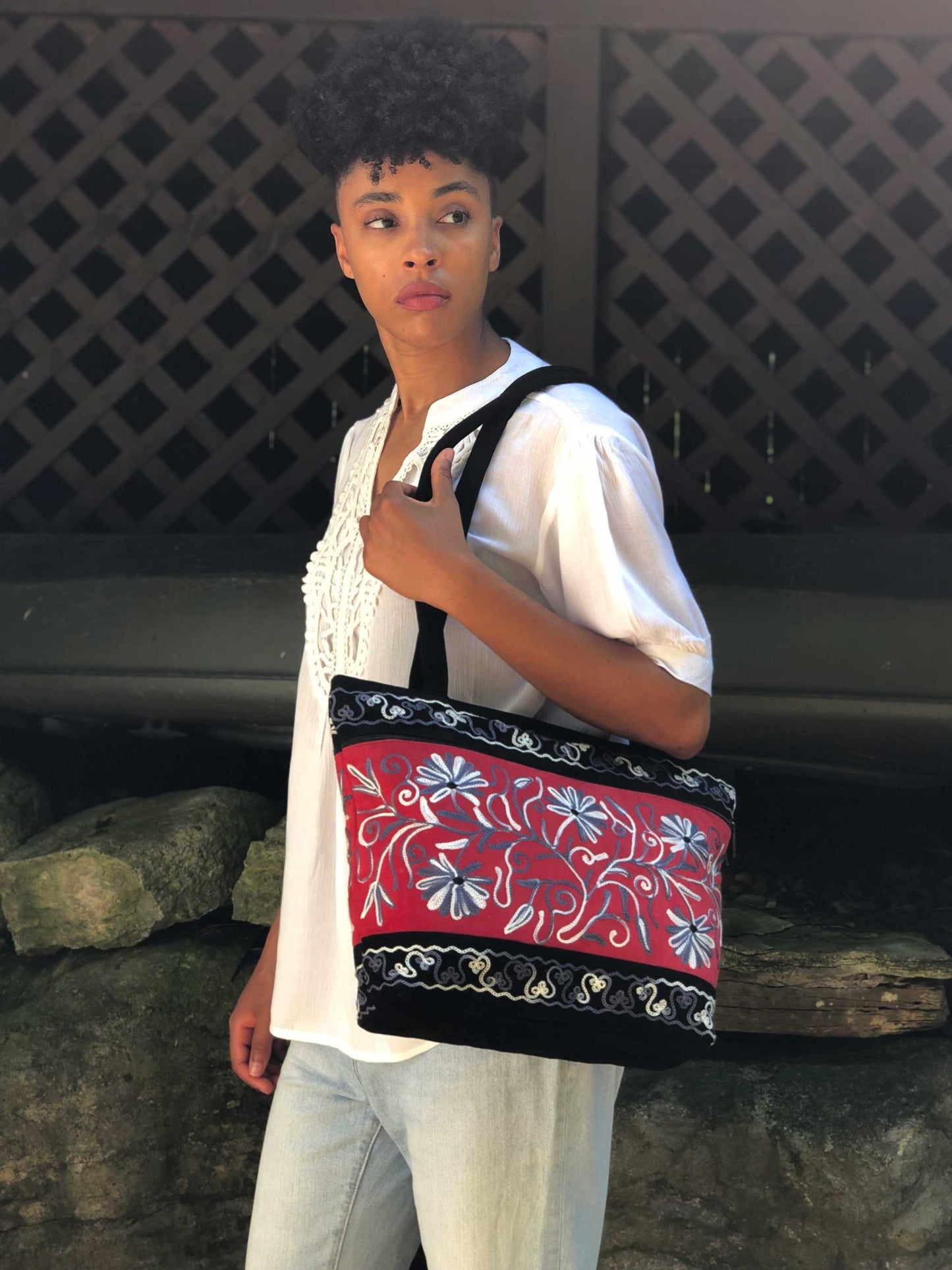 Handmade Red and Black Suede Embroidered Tote Bag