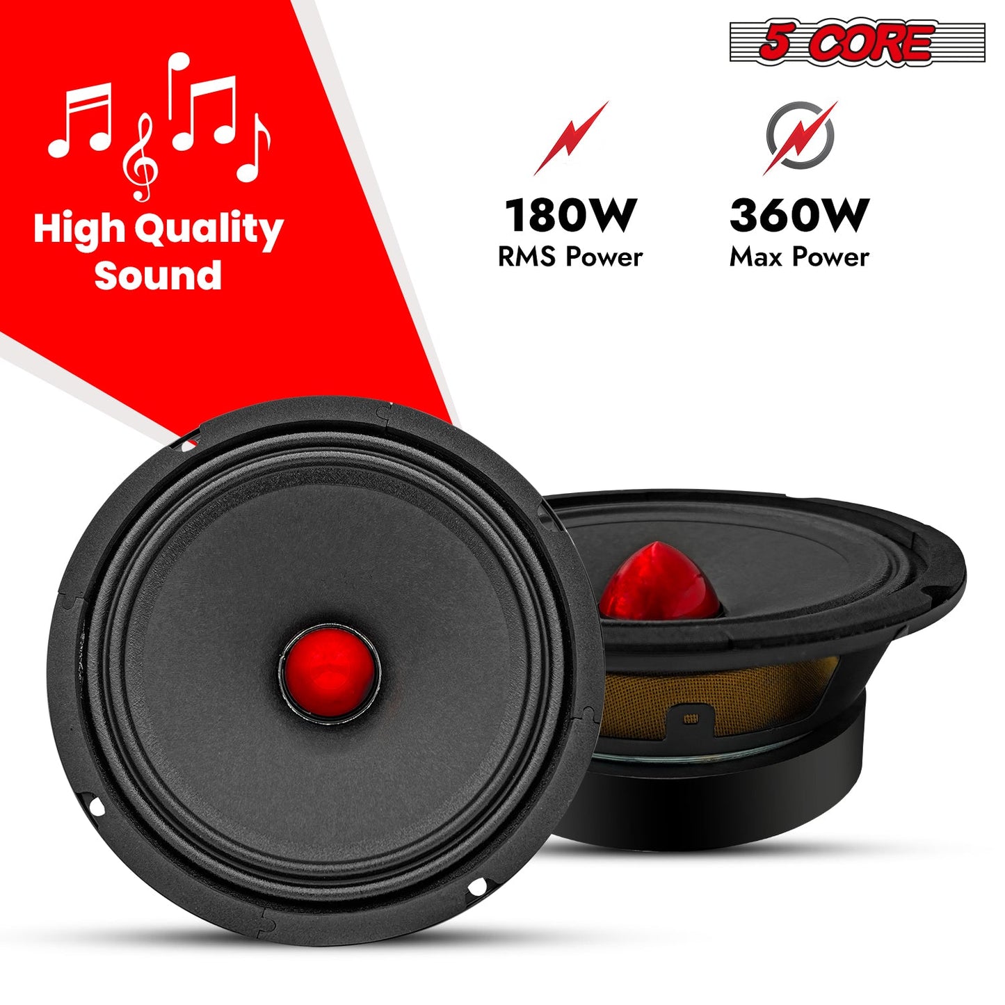 5Core 6.5 Inch Midrange Car Door Speaker 360W Subwoofer w Aluminum