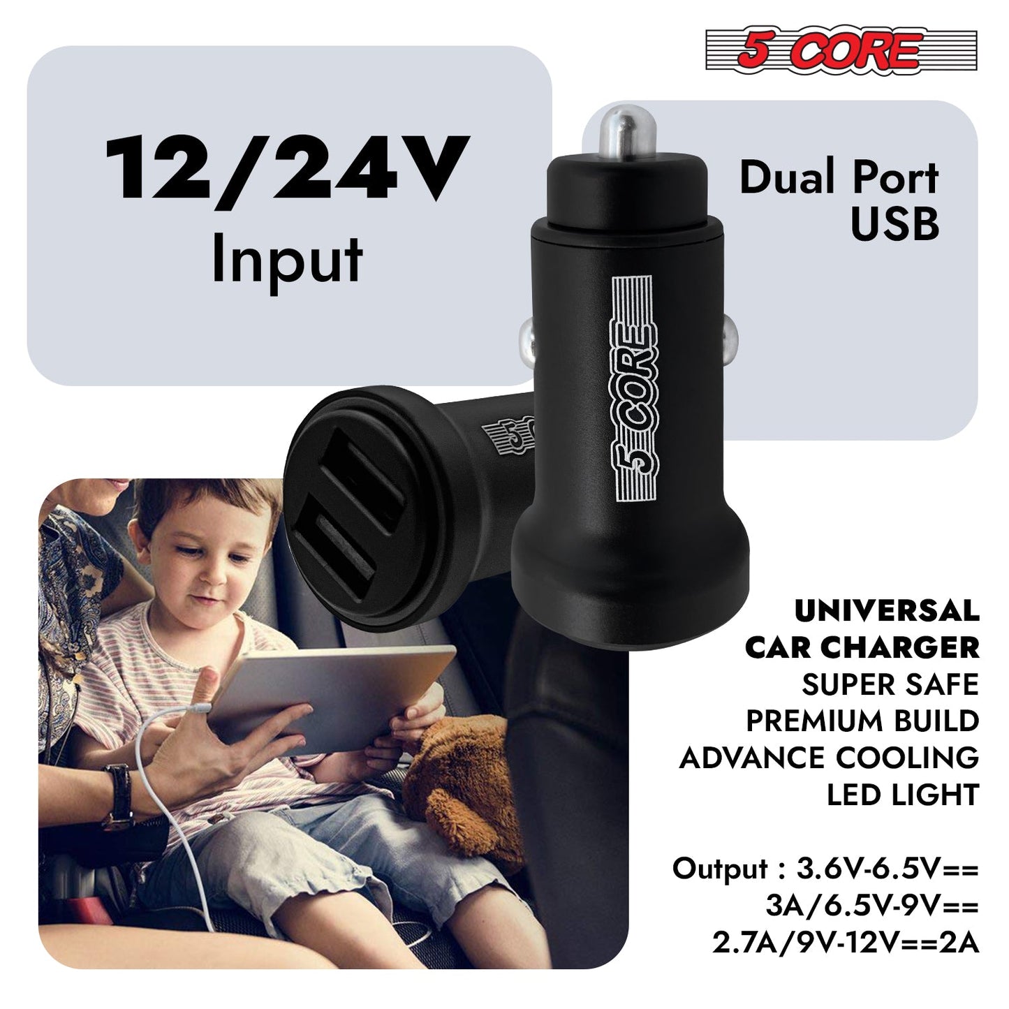 5 Core USB Car Charger Cigarette Lighter Adapter Dual USB Port Adapter