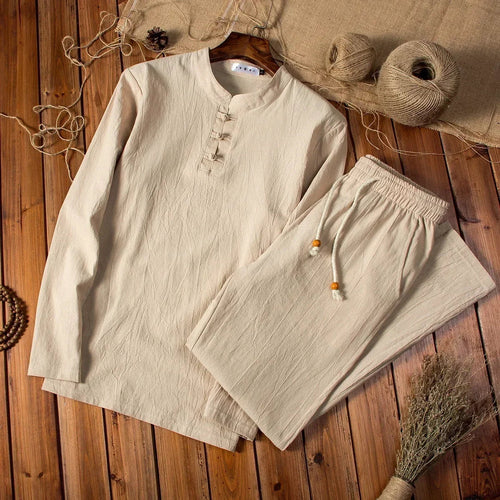 Cotton Linen Men's Long-Sleeved Shirt & Pants Set - M to 5XL