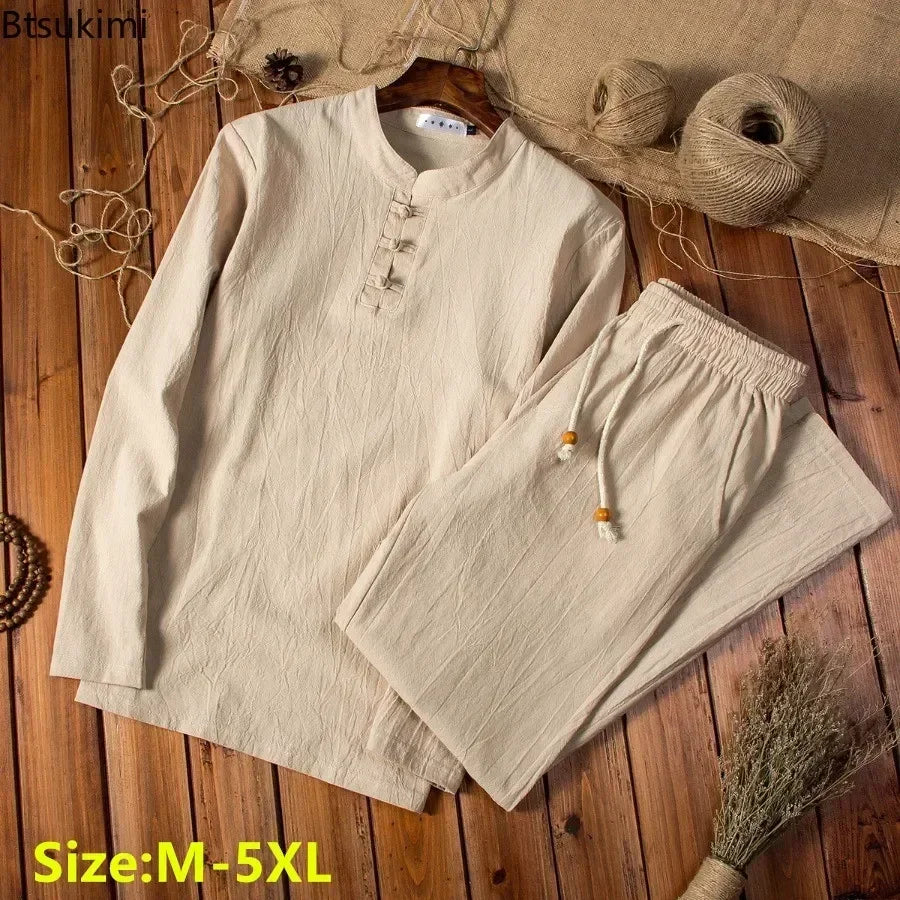 Cotton Linen Men's Long-Sleeved Shirt & Pants Set - M to 5XL