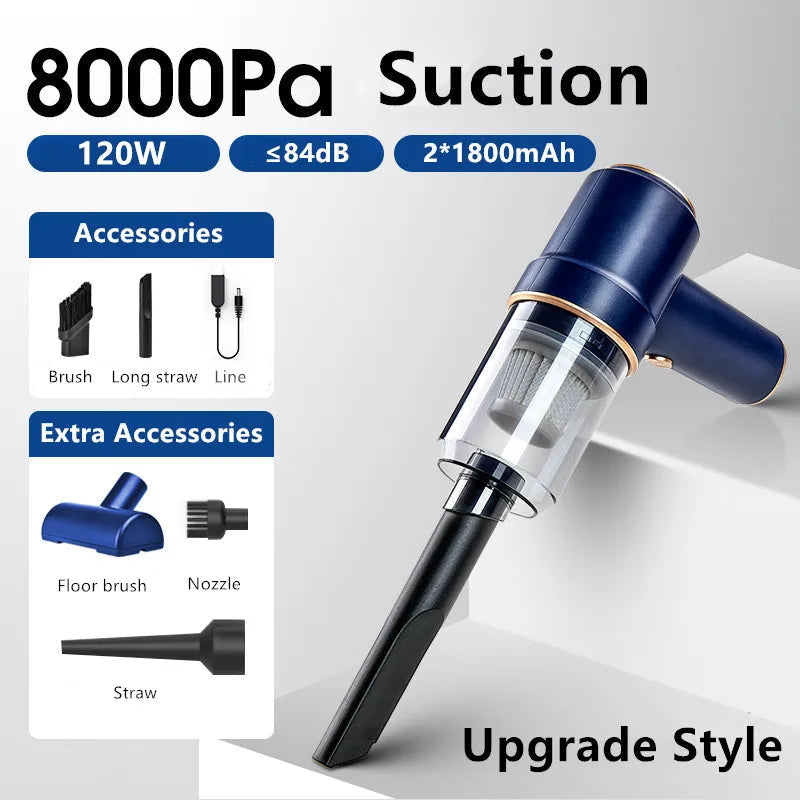 120W Powerful Wireless Car Vacuum Cleaner - Wet & Dry, 8000Pa Suction, 2 x 1800mAh Battery, 42000rpm