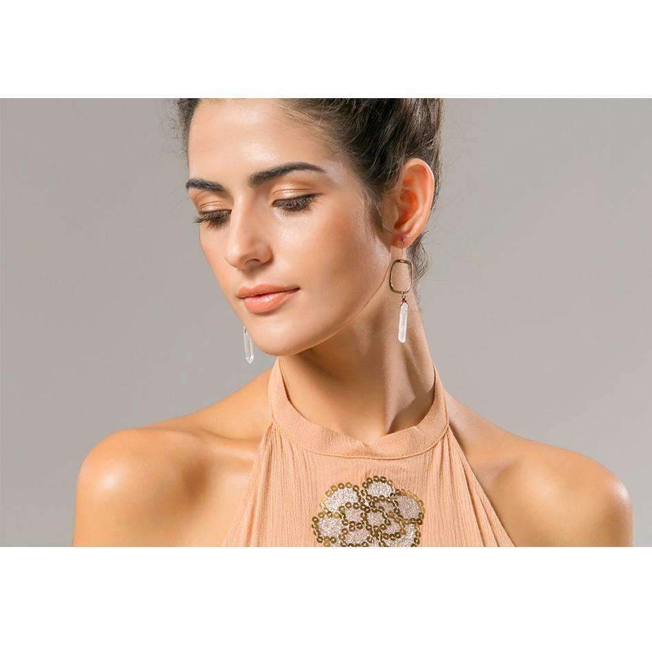 Antique Quartz Drop Earrings - Crystal Quartz Stone, Antique Gold Color, High-Quality Zinc Alloy, 2.34" Drop