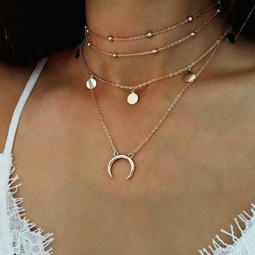 Crescent Horn Moon Layered Necklace - 4 Layers, Zinc Alloy, Adjustable Chain, Unique Design