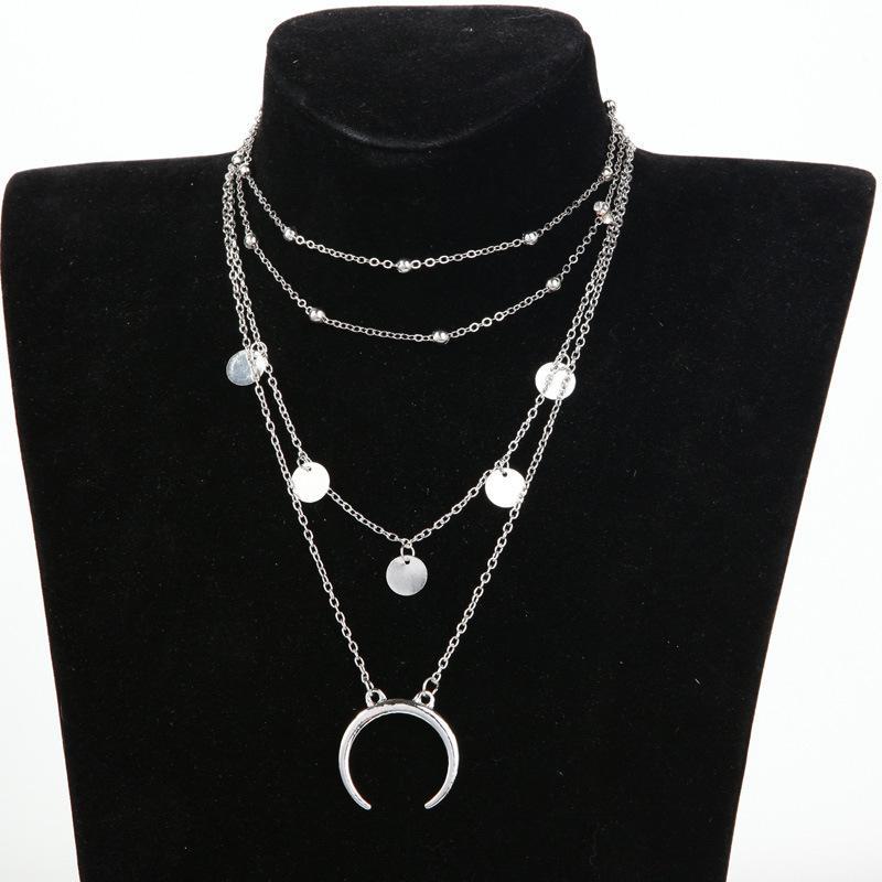 Crescent Horn Moon Layered Necklace - 4 Layers, Zinc Alloy, Adjustable Chain, Unique Design