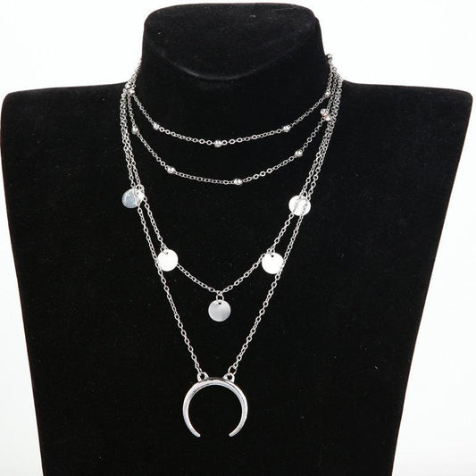 Crescent Horn Moon Layered Necklace - 4 Layers, Zinc Alloy, Adjustable Chain, Unique Design