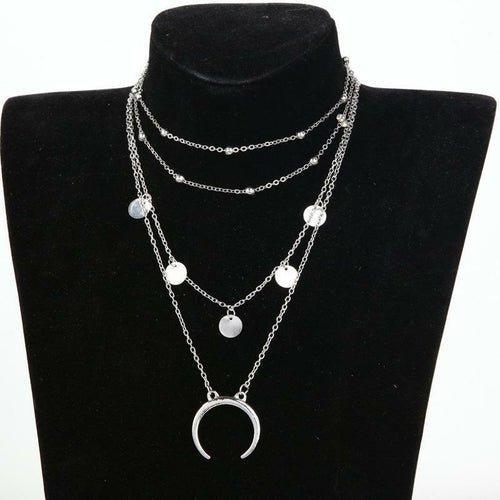 Crescent Horn Moon Layered Necklace - 4 Layers, Zinc Alloy, Adjustable Chain, Unique Design