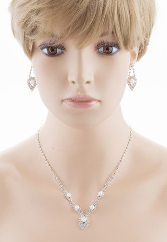 Bridal Wedding Crystal Rhinestone Pearl Jewelry Set - Rhodium Plated, 13" Necklace, 1.5" Drop Earrings