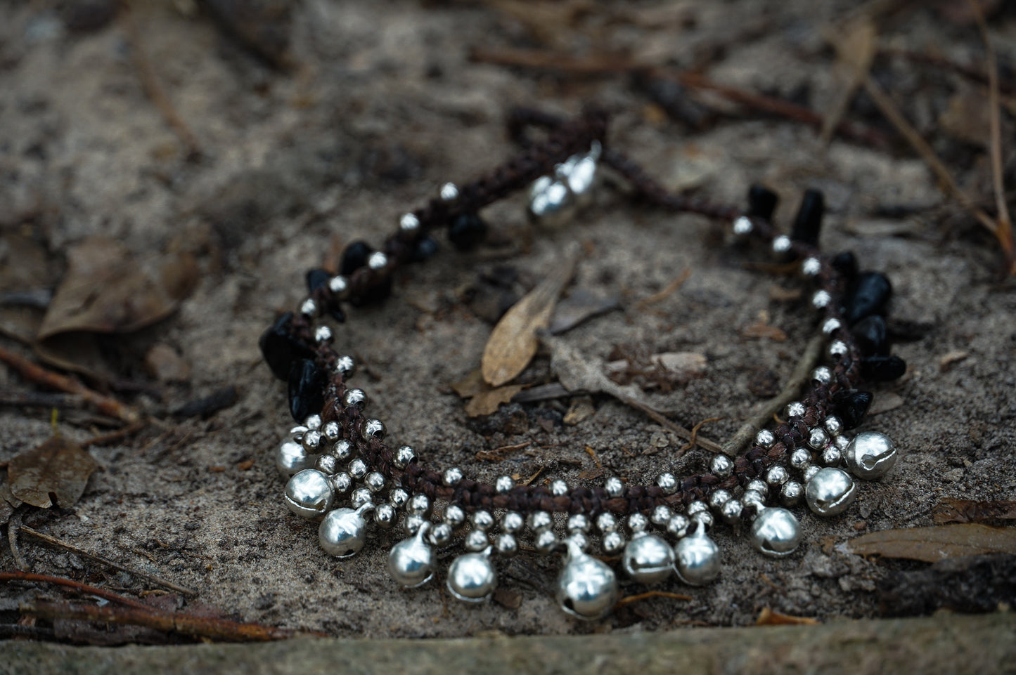 Black Silver Bell Boho Anklet - Handcrafted, Festival & Hippie Style, 10 Inches with Stone and Silver Bells