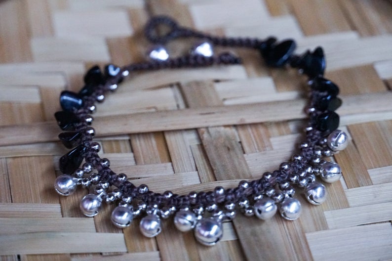 Black Silver Bell Boho Anklet - Handcrafted, Festival & Hippie Style, 10 Inches with Stone and Silver Bells