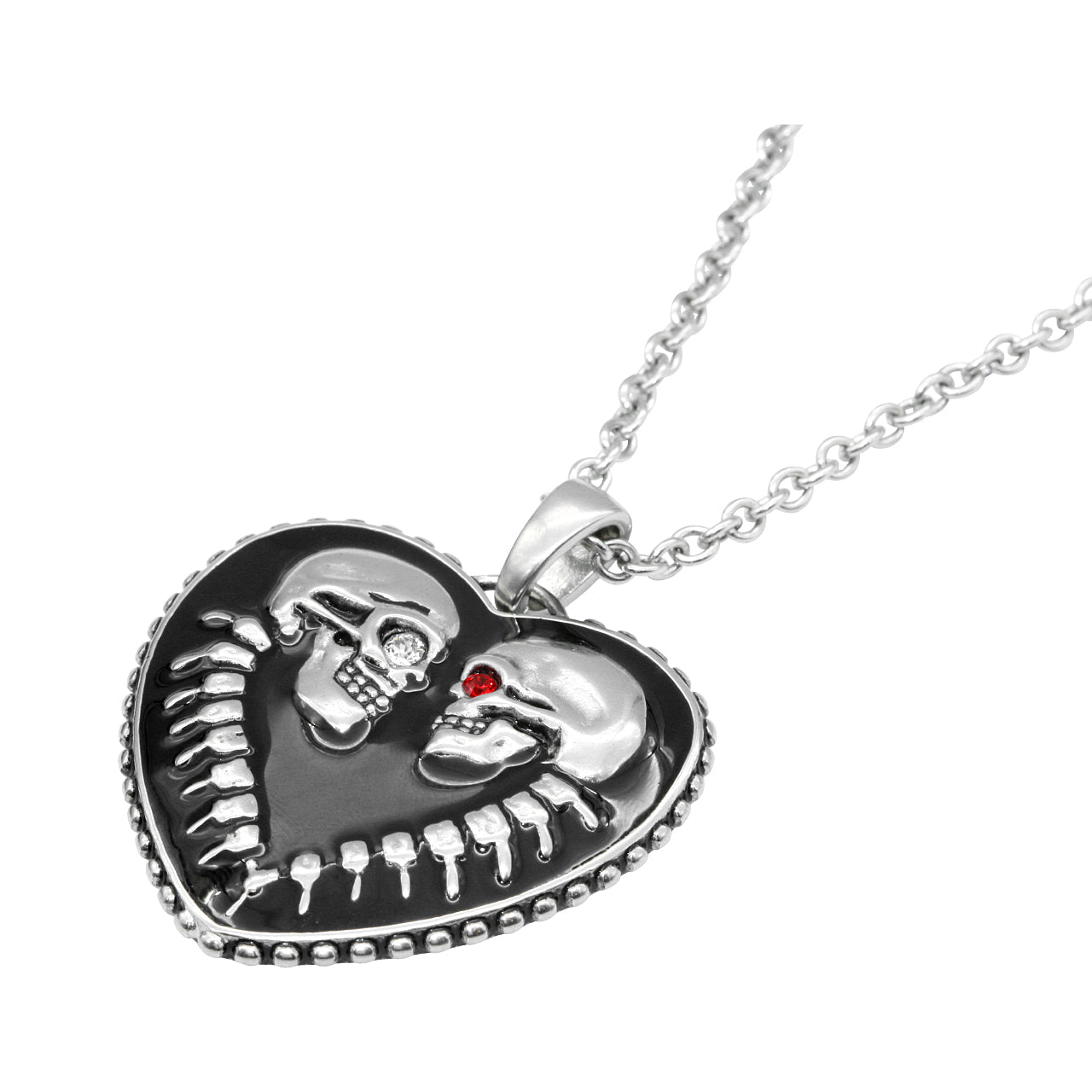 Bound For Eternity Skull Heart Necklace - Stainless Steel, Black Epoxy, Swarovski Crystals, 27" Chain