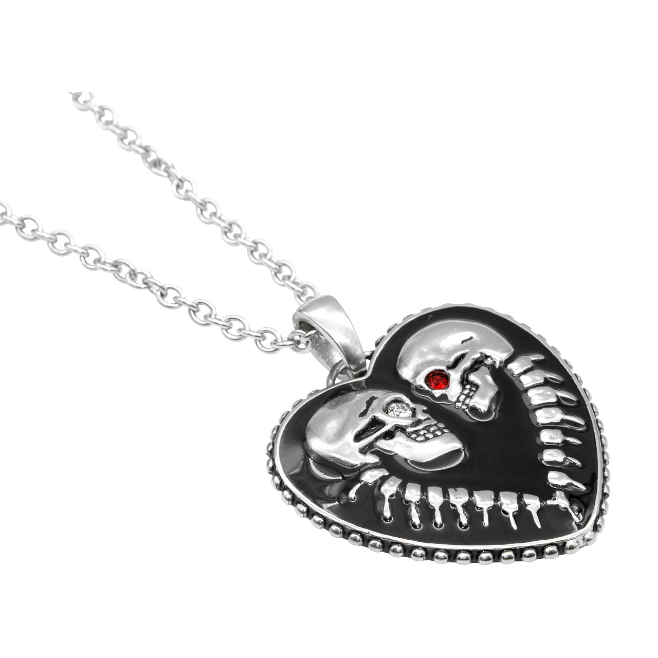 Bound For Eternity Skull Heart Necklace - Stainless Steel, Black Epoxy, Swarovski Crystals, 27" Chain