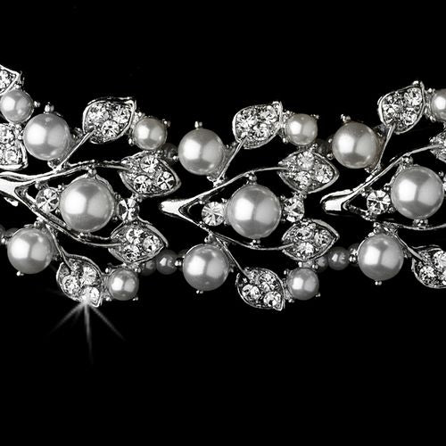 Bridal Wedding Crystal Pearl Necklace & Earrings Set - Silver Plated, Rhinestones, Lobster Claw Closure, Choker Style