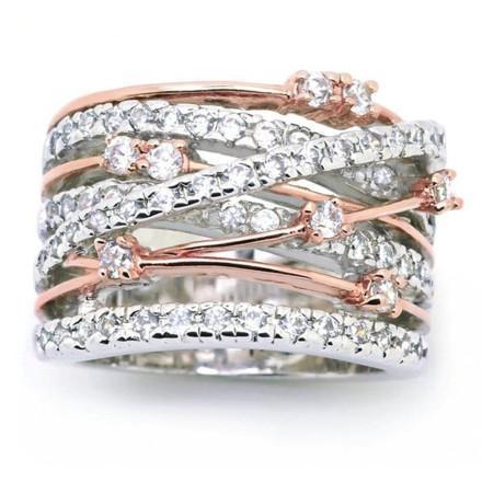 Crystal Crossover Ring - Zinc Alloy & Crystal, Available in All Silver or Rose Gold/Silver Mix, Sizes 5-12