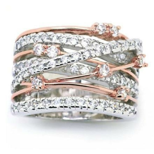 Crystal Crossover Ring - Zinc Alloy & Crystal, Available in All Silver or Rose Gold/Silver Mix, Sizes 5-12