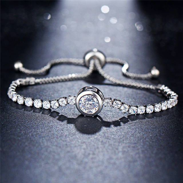 Crystal Tennis Bracelet - Adjustable Length, Zinc Alloy & CZ, Available in Rose Gold and Silver