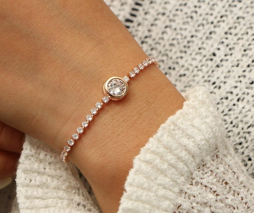 Crystal Tennis Bracelet - Adjustable Length, Zinc Alloy & CZ, Available in Rose Gold and Silver