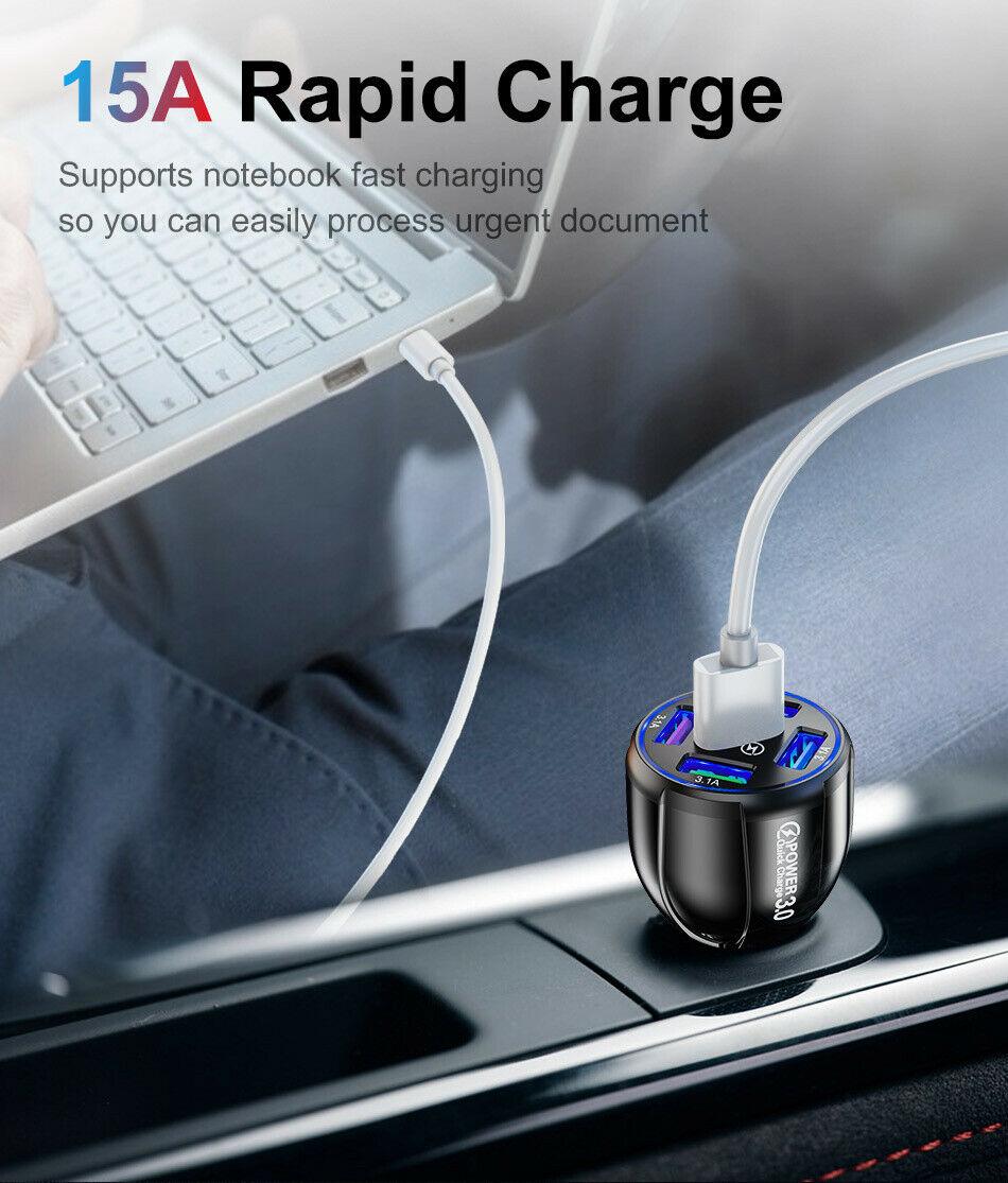 Black 4-Port LED Fast Car Charger with 6FT Cable - Quick Charge 3.0, Universal Compatibility, 4X Faster than Standard Chargers