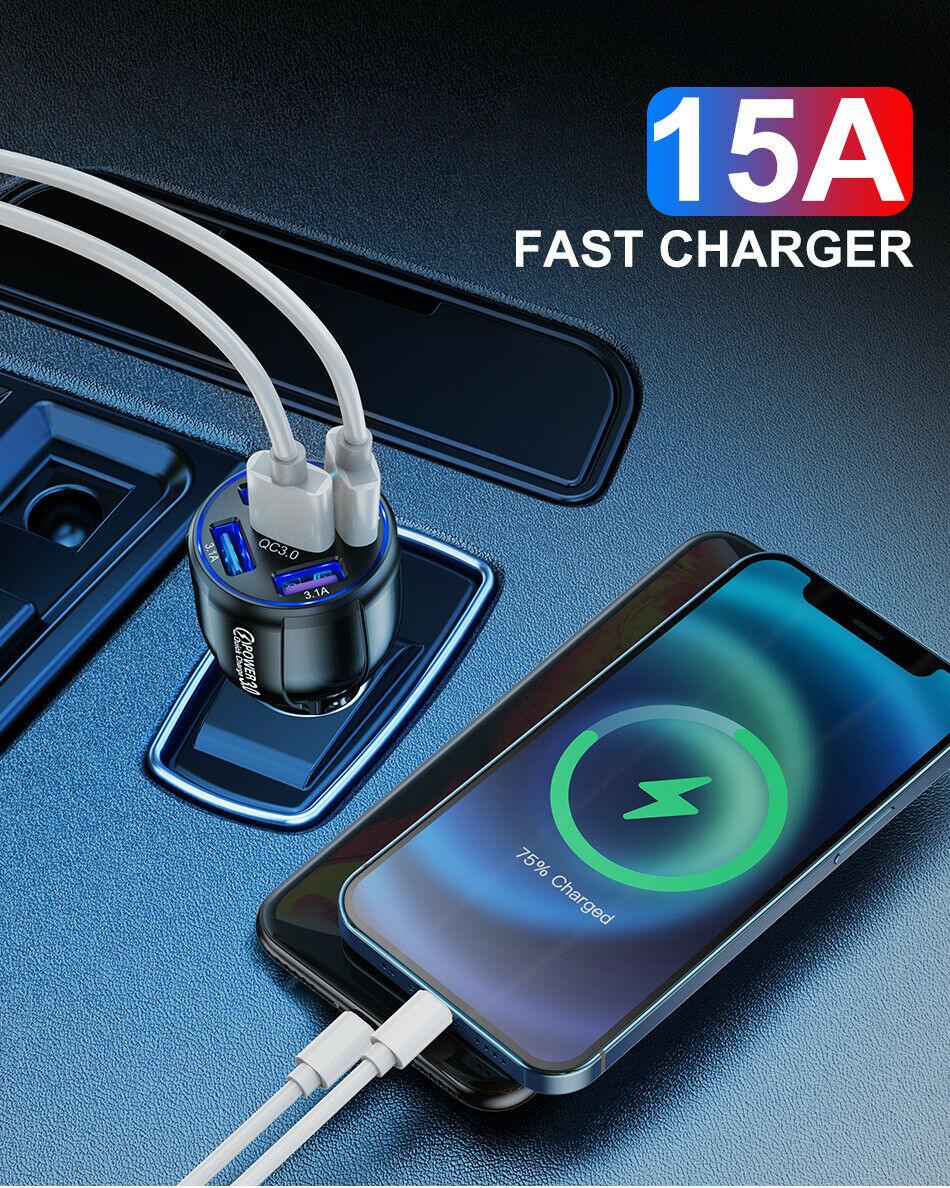 Black 4-Port LED Fast Car Charger with 6FT Cable - Quick Charge 3.0, Universal Compatibility, 4X Faster than Standard Chargers