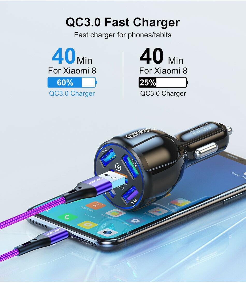 Black 4-Port LED Fast Car Charger with 6FT Cable - Quick Charge 3.0, Universal Compatibility, 4X Faster than Standard Chargers
