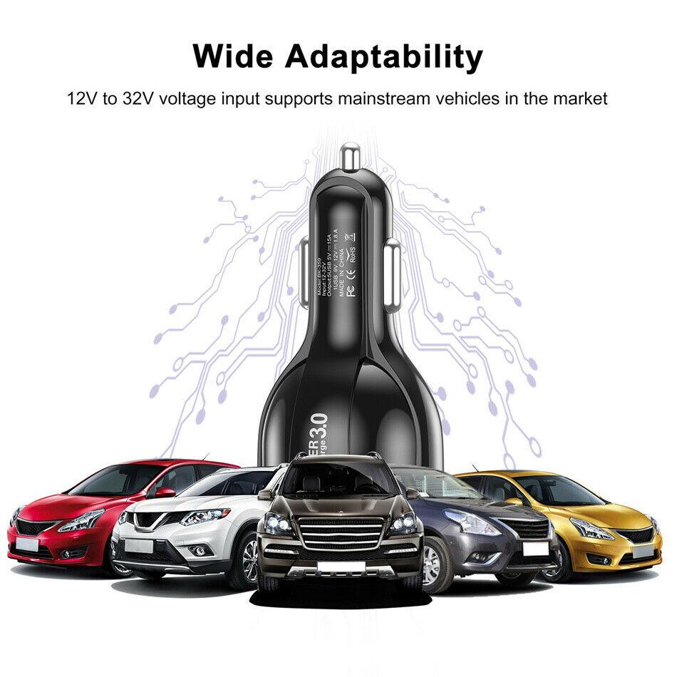 Black 4-Port LED Fast Car Charger with 6FT Cable - Quick Charge 3.0, Universal Compatibility, 4X Faster than Standard Chargers
