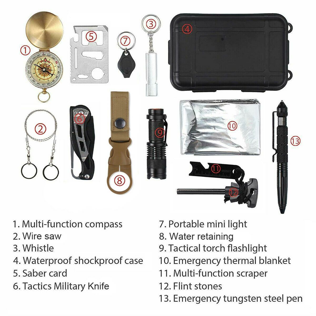 14-in-1 Outdoor Survival Gear Kit | Military Tactical EDC Case | Camping Hiking First Aid