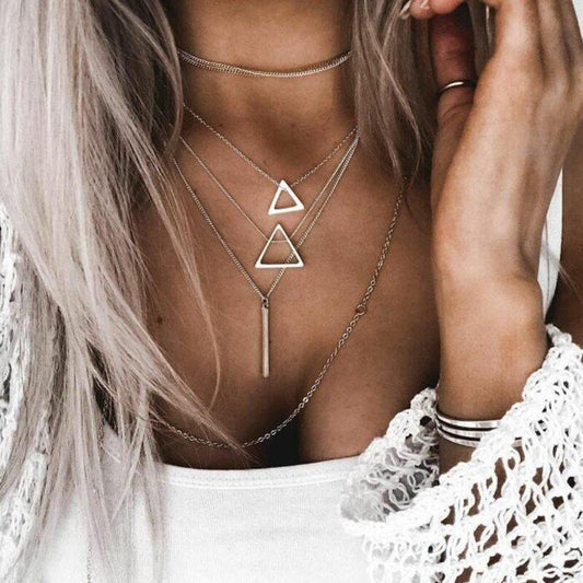 Double Triangle Multilayer Necklace - 6 Layers, Zinc Alloy, Adjustable Chain, Unique Geometric Design