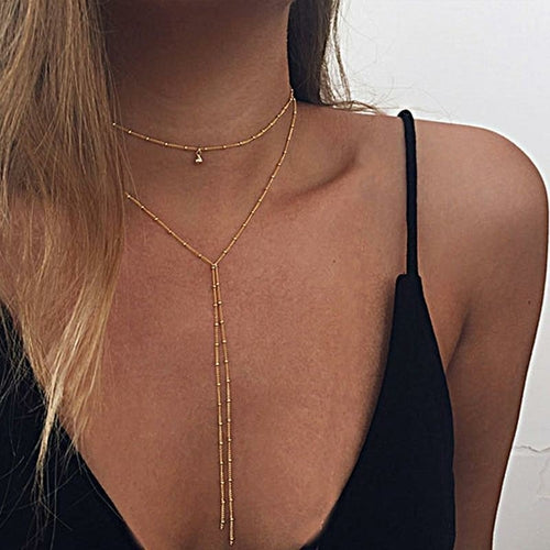 Double Lariat Choker Necklace - Zinc Alloy, 13" Length + 2.75" Extender, 7" Pendant