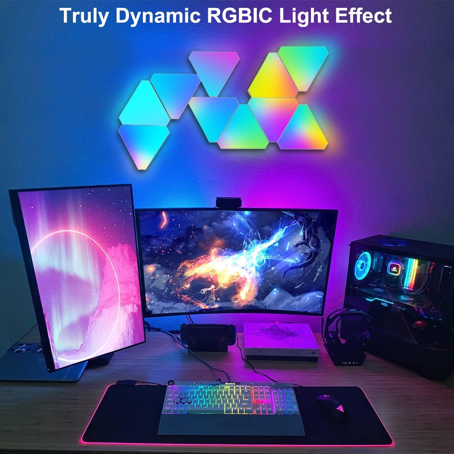 10-Pack RGBIC LED Triangle Lights with Razer Synapse 3 & Music Sync - Smart Home Decor