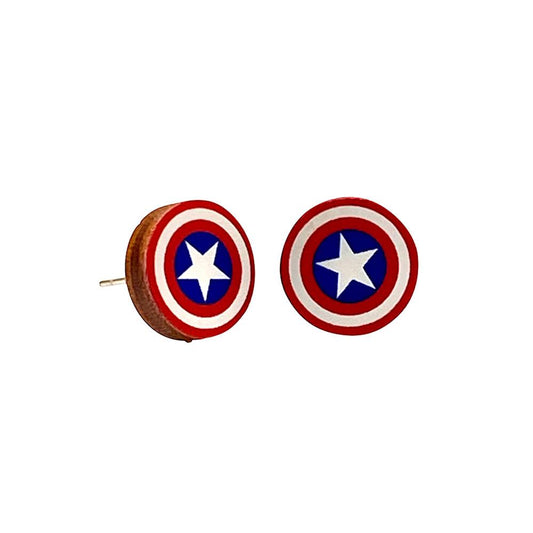 American Shield Stud Earrings | Laser-Cut Wood, Silver-Plated Brass, Hypoallergenic | 0.5 x 0.5 inch